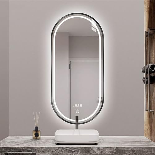 Zhoudong Badspiegel mit Beleuchtung 120cm, Oval Wandspiegel mit Schwarzem Rahmen, 130cm Mode Beschlagfrei Dekospiegel 3 Lichtfarbe Dimmbar Eingangspiegel(Black,60x120cm) von Zhoudong