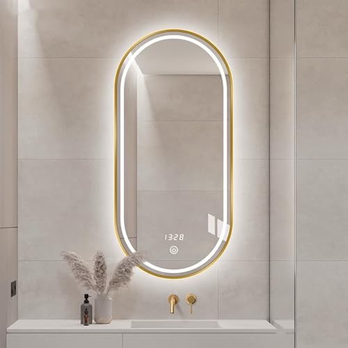 Zhoudong Badspiegel mit Beleuchtung 120cm, Oval Wandspiegel mit Schwarzem Rahmen, 130cm Mode Beschlagfrei Dekospiegel 3 Lichtfarbe Dimmbar Eingangspiegel(Gold,60x100cm) von Zhoudong
