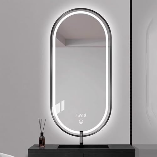 Zhoudong Badspiegel mit Led Beleuchtung 100/120cm 3 Farben Intelligent Dekospiegel, Oval Wandmontage Ganzkörperspiegel mit Rahmen, Touchschalter, Beschlagfrei(Black,48"x24") von Zhoudong