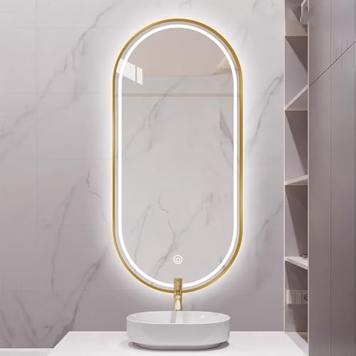 Zhoudong Badspiegel mit Led Beleuchtung 100/120cm 3 Farben Intelligent Dekospiegel, Oval Wandmontage Ganzkörperspiegel mit Rahmen, Touchschalter, Beschlagfrei(Gold,32"x20") von Zhoudong