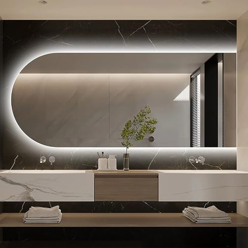 Zhoudong Bogen Badezimmerspiegel mit Beleuchtung 60x90cm, 3 Lichtfarbe Dimmbar Kosmetikspiegel, Mode Wandmontage LED Spiegel 70x120cm, Beschlagfrei(Cut Right,80 * 130cm) von Zhoudong