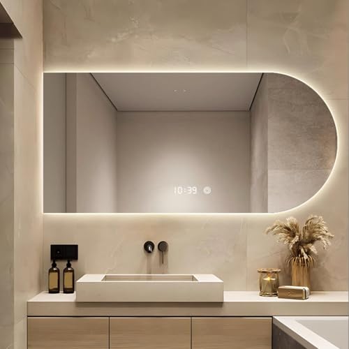 Zhoudong Bogen LED Spiegel für Badezimmer, 100cm Modern Beschlagfrei Badspiegel mit Touch-Schalter, 120cm Wandmontage Dekospiegel Dimmbar 3 Lichtfarbe(Cut Left,24 * 48in) von Zhoudong