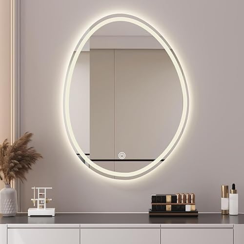 Zhoudong HD Intelligent Schminkspiegel 100/120cm Rahmenlos Asymmetrischer Oval Wandspiegel 3 Lichtfarbe Dimmbar Unregelmäßiger Badspiegel mit Antibeschlag(Frontlit,20"x28") von Zhoudong