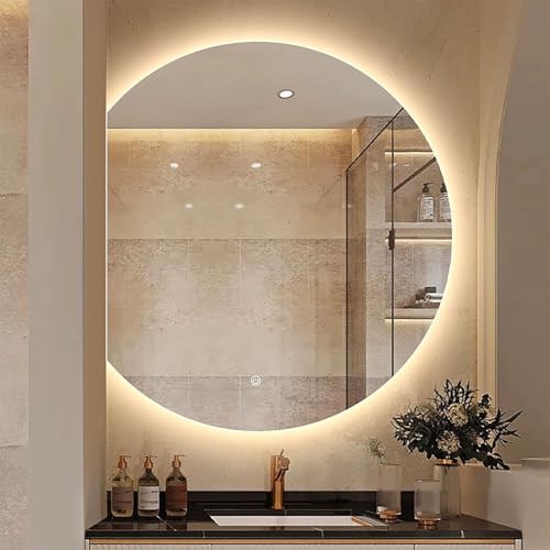 Zhoudong Halbrund Badspiegel mit Beleuchtung 90×100cm, Intelligent HD Schminkspiege mit Beschlagfrei, 3 Lichtfarbe Dimmbar, 80×90cm Halbrunder Wanddekoration(Left Cut,100 * 90cm) von Zhoudong