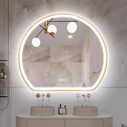 Zhoudong Halbrund Wandspiegel mit Gold Rahmen 80cm, LED Beleuchtung 3 Farben Dimmbar Badspiegel, 90cm Modern Beschlagfrei Schminkspiegel mit Touchschalter(60x52cm/24 x20) von Zhoudong