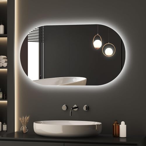 Zhoudong Intelligent Beleuchtet Wandspiegel 130cm Oval Kosmetikspiegel mit 3 Lichtfarbe Dimmbar Rahmenlos LED Badspiegel Beschlagfrei mit Touch-Schalter(60x90cm/24x36in) von Zhoudong