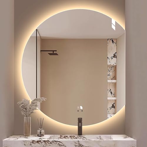 Zhoudong Intelligent Entnebeln Wandspiegel 90/100cm, Halbrunder Wandmontage Badspiegel mit Touch-Schalter, Beleuchteter 3 Farben Licht Dimmbar Ganzkörperspiegel(Right Cut,36inch) von Zhoudong
