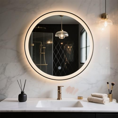 Zhoudong LED Beleuchtung Badspiegel mit Metallrahmen, Wandmontage LED Rund Dekospiegel 90/100cm, Touchschalter Schminkspiegel mit 3 Lichtfarbe, Antibeschlag(Black,40in/100cm) von Zhoudong