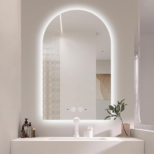 Zhoudong LED Beleuchtung Beschlagfrei Bad Spiegel 100cm Bogen Wandspiegel Intelligent Dimmbar 3 Lichtfarbe 120/130cm Kreativer Kosmetikspiegel Explosionsschutz(Upright,24 * 48in) von Zhoudong