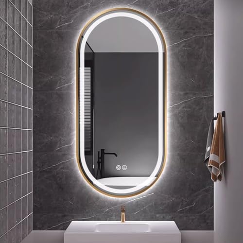 Zhoudong LED Intelligent Wandspiegel für Bad, 120cm Oval Gold Rahmen Dekorative Spiegel mit Touchschalter, 90cm 3 Lichtfarbe Beleuchtung Badspiegel, Anti-Beschlag(Gold,20"x32") von Zhoudong