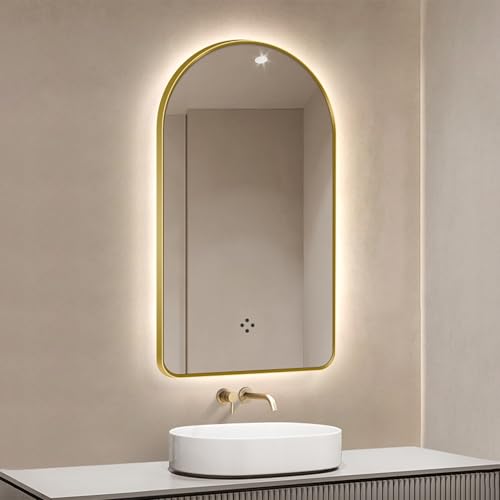 Zhoudong Led Beleuchtung Wandspiegel 80/90cm mit Touch-Schalter, Badezimmer Anti-Beschlag Spiegel, 130cm Schwarz Bogenspiegel mit 3 Lichtfarbe Einstellbar(Gold,48"x24") von Zhoudong
