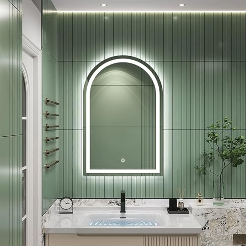 Zhoudong Mode Bogen Dekospiegel 80cm, LED Rahmenlos Badspiegel mit 3 Lichtfarbe Beleuchtung, 90cm Anti-Beschlag Kosmetikspiegel, Intelligent Touchschalter(24x48in) von Zhoudong