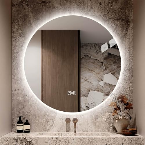 Zhoudong Modern Dimmbar Badspiegel mit Antibeschlag, Rund Wandspiegel mit 3 Farben Licht, 80×80cm LED Intelligent Touchschalter Schminkspiegel(24in/60cm) von Zhoudong