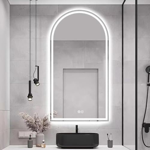 Zhoudong Modern LED Badspiegel mit Beleuchtung 3 Lichtfarbe 130cm Bogen Explosionsschutz Wandspiegel Antibeschlag 80/90cm Dekospiegel mit Touch-Schalter(32"x48"/80x120cm) von Zhoudong