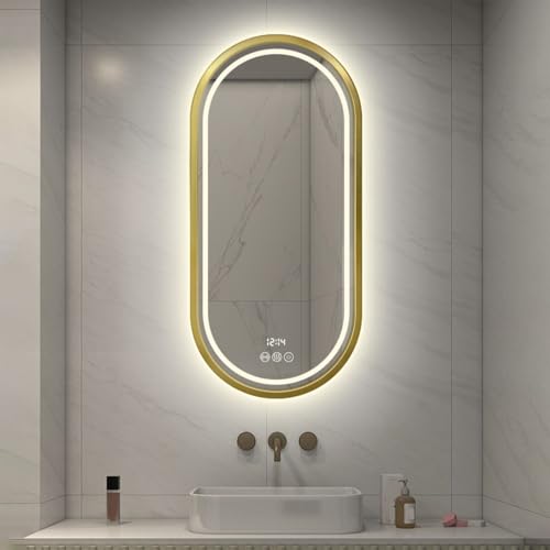 Zhoudong Oval Schminkspiegel Badspiegel mit Touchschalter 80cm LED Beschlagfrei Dekospiegel 100cm Wohnzimmer Gold Ganzkörperspiegel mit 3000-6000K Einstellbar(Gold,20"x32") von Zhoudong