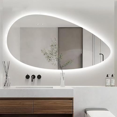 Zhoudong Rahmenlos Wandspiegel Bad Asymmetrischer 3 Farben LED Spiegel mit Beleuchtung Unregelmäßiger Oval Kosmetikspiegel Mode Dekospiegel mit Beschlagfrei(50cm*80cm) von Zhoudong