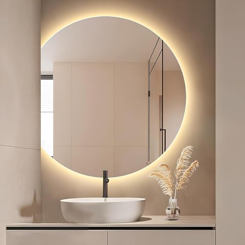 Zhoudong Spiegel Halbrunder 90cm Groß Kosmetikspiegel mit Beleuchtung 3 Lichtfarbe, Touchschalter, 70/80cm Rahmenloser Antibeschlag Badspiegel, Explosionsschutz(Left Cut,70x80cm) von Zhoudong