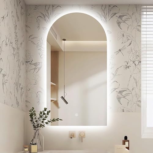 Zhoudong Wandmontage Bogenspiegel 100cm Anti-Beschlag Badspiegel Mode Wand Duschspiegel mit 3 Lichtfarbe Dimmbar 90cm Hinterleuchteten Schminkspiegel(Cut down,28 * 40in) von Zhoudong