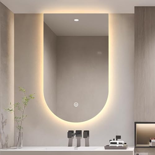 Zhoudong Wandmontage Bogenspiegel 100cm Anti-Beschlag Badspiegel Mode Wand Duschspiegel mit 3 Lichtfarbe Dimmbar 90cm Hinterleuchteten Schminkspiegel(Cut up,28 * 40in) von Zhoudong