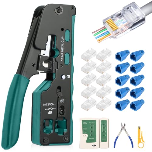 Crimpzange Set mit Netzwerktester Enthält Crimpzange, Abisolierzange, 50 Stecker und Netzwerktester. Perfekt für Cat5, Cat6, Cat7. Zuverlässig im Büro, Zuhause oder für Profis grüner von Zhufas