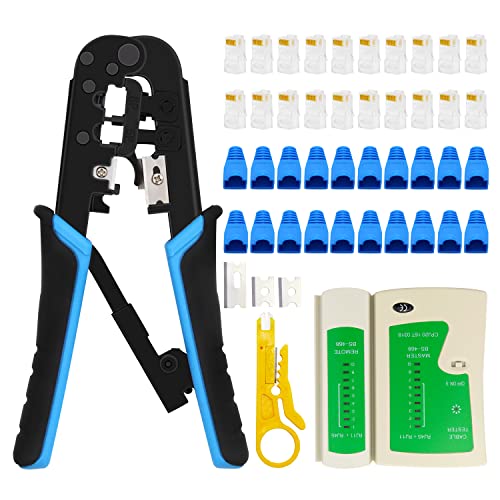 Zhuge RJ45 Crimpzange, RJ45 Crimping Tool Cat5 Cat5e Cat6 Crimper RJ-11, 6P / RJ-12, 8P / RJ45 Crimping, 50PCS Cat5 Cat6 Pass Through Connectors, 50pcs RJ45 Boot Covers, Lan Tester, Mini Wire Stripper von Zhuge