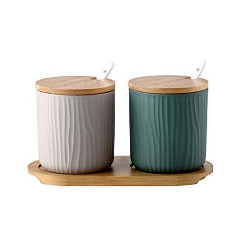 Zhuhaixmy Keramik Gewürzflasche Gewürzglas Gewürz Aufbewahrungsbehälter - Zuckerdose mit Holzschale, Deckel und Löffel von Zhuhaixmy