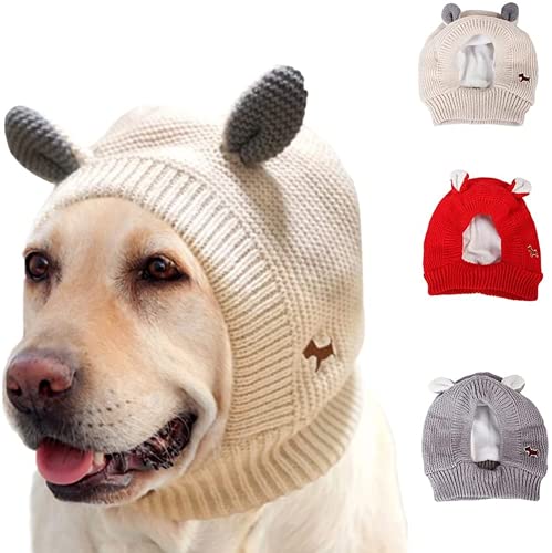 Ruhige Ohren für Hunde, Hundepflege-Ohrenschützer,Strickmütze Haustier Weihnachten warme Mützen, HundeohrschüTzer LäRmschutz,Haustier Hals Ohrenwärmer Kapuze (Beige) von Zhuidream