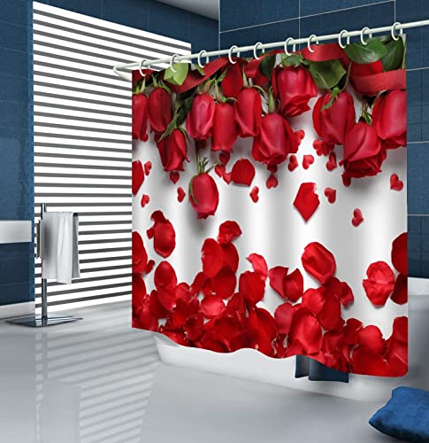 Duschvorhang 120x180 Rote Rose Duschrollo Wasserabweisend Anti-Schimmel mit 8 Duschvorhangringen, 3D Bedrucktshower Shower Curtains, für Duschrollo für Badewanne Dusche von Zhwe