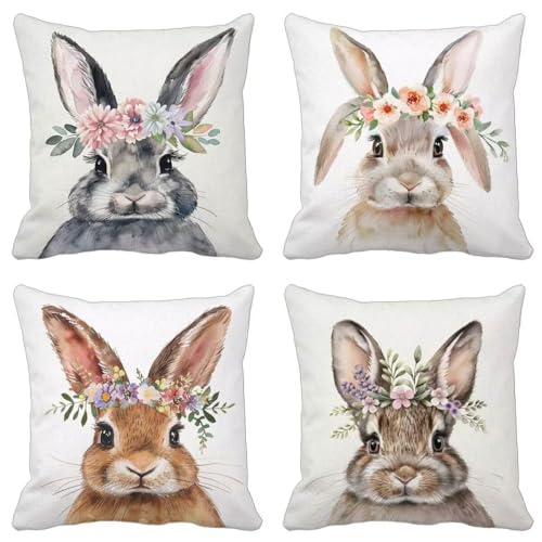 Kleine Frische Kissenbezug 40X40 4er Set, Outdoor Kissen Wasserfest Leinen Sofakissen Kaninchen Muster Design mit Verdeckter Reißverschluss für Balkon Garten Zimmer Deko Wohnzimmer Geschenke F-19V Kleine Frische Kissenbezug 40X40 4er Set, Outdoor Kissen Wasserfest Leinen Sofakissen Kaninchen Muster Design mit Verdeckter Reißverschluss für Balkon Garten Zimmer Deko Wohnzimmer Geschenke F-19V von Zhyolei