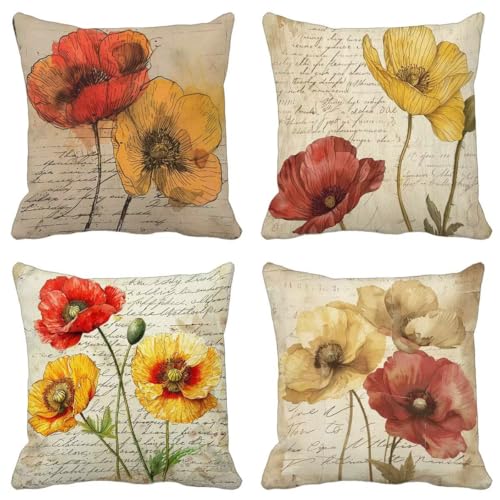 Outdoor Kissen Retro Kissenbezug 65X65 4er Set, Outdoor Kissen Weich Couchkissen Ländlich Quadrat Zierkissenbezüge für Sommer Garten Balkon Stuhl Auto Zimmer Deko Aesthetic, Geschenk für Frauen Z-A15 von Zhyolei