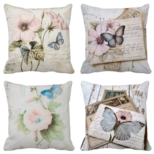 Retro Kissenbezug 65X65 4er Set, Outdoor Kissen Weich Sofakissen Kleine Frische Muster Design mit Verdeckter Reißverschluss für Balkon Sommer Garten Zimmer Deko Wohnzimmer, Geschenke für Frauen C-296 Retro Kissenbezug 65X65 4er Set, Outdoor Kissen Weich Sofakissen Kleine Frische Muster Design mit Verdeckter Reißverschluss für Balkon Sommer Garten Zimmer Deko Wohnzimmer, Geschenke für Frauen C-296 von Zhyolei
