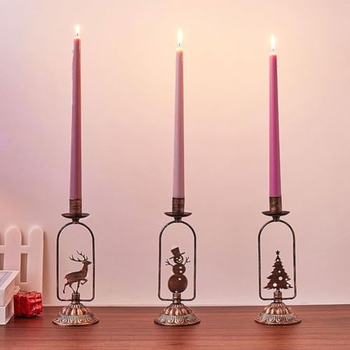 3-teiliges Kerzenhalter-Set aus Eisen mit Schneemann, Hirsch und Weihnachtsbaum-Designs für Urlaubsdekoration, Vintage-Bronze-Finish für Tischdisplay von ZiStarlilife