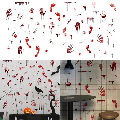 Halloween Blood Handabdruck Fußabdruck Aufkleber für Innen- und Außenbereich Party Dekoration mit Selbst-PVC-Material, Set mit 8 unheimlichen Fenster- und Wandaufklebern von ZiStarlilife
