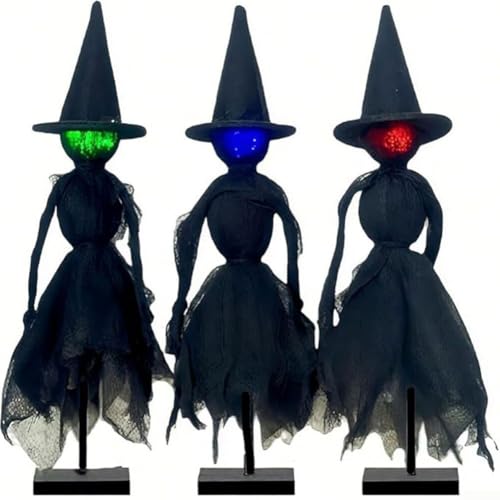 Set mit 3 Halloween-Hexenfiguren mit LED-Lichtern und Hüten, entworfen für saisonale Heimdekoration von ZiStarlilife