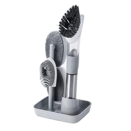 ZiStarlilife 4-in-1-Küchen-Reinigungsbürsten-Set mit Seifenspender, langer Griff, Spülbürste für Fliesen, Kochgeschirr, Herd, Spüle, Badewanne, mehrere Oberflächen, Haushaltsreinigung (grau) von ZiStarlilife