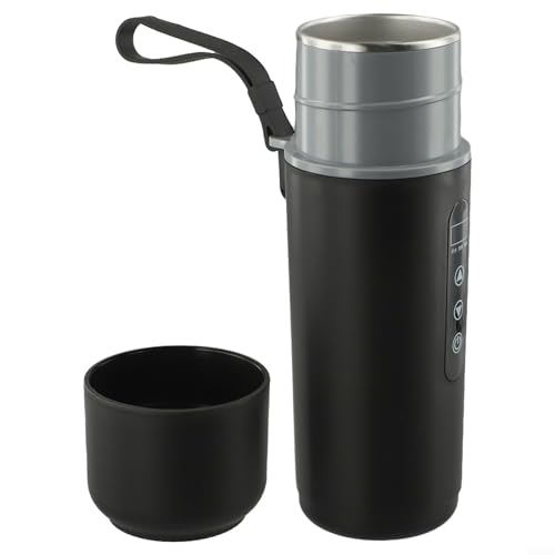 ZiStarlilife Elektrischer Reise-Wasserkocher mit LCD-Display, Temperaturkontrolle, 500 ml, Edelstahl, doppelwandig, isolierter Becher für Fahrzeug, 12 V, 24 V, USB, 5 V (schwarz) von ZiStarlilife