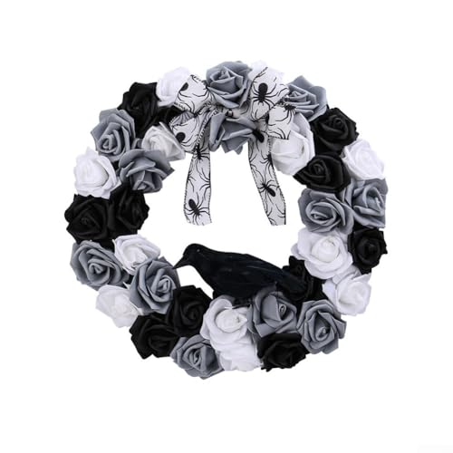 ZiStarlilife Halloween Rose & Krähe Kranz Gruselige Türdekoration mit schwarz-grau-weißen Rosen und Spinnennetz-Band für drinnen und draußen, Spuk-Heimdekoration von ZiStarlilife