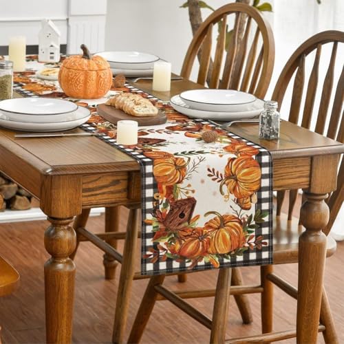 ZiStarlilife Thanksgiving Tischläufer 33 x 183 cm Kürbisblatt-Druck Leinen Tischdecke Herbst Ernte Dekoration für Küche Esszimmer Couchtisch (A) von ZiStarlilife