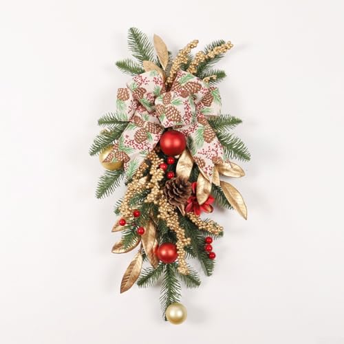 ZiStarlilife Weihnachtskranz Ornamente 45 cm Gold Weihnachten Treppe Kranz Dekoration mit Schleifen Tannenzapfen und Beeren für drinnen und draußen Urlaub Dekor (B30255) von ZiStarlilife