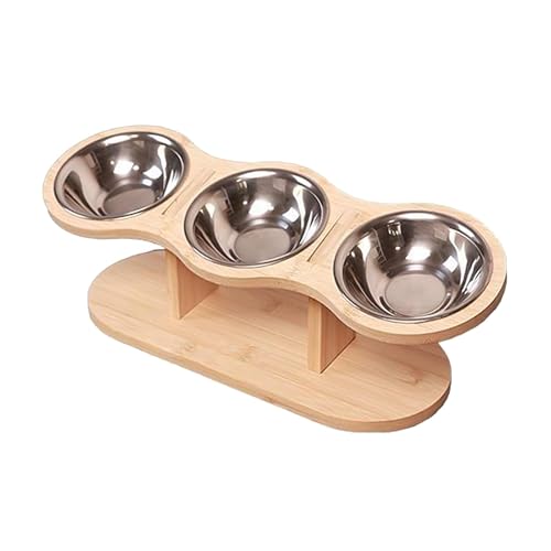Ｚｉａｌｏｆｉ Futterstation mit 3 Näpfen Aus Edelstahl Erhöhter Katzennapf Und Hundenapf mit Holzständer Geneigter Futternapf für Ergonomisches Fressen für Kleine von Ｚｉａｌｏｆｉ