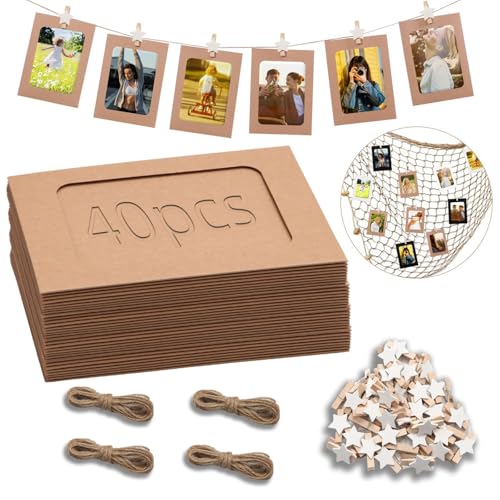 Ziamzra 40 Stück Braun Fotogirlande 10x15 cm Fotos Aufhängen DIY Kraftpapier Bilderrahmen 40 Stück Kleine Klammern für Fotos Aufhängen 4 Stück Fotoleine für Party Geburtstag Hochzeit Wand Deko von Ziamzra