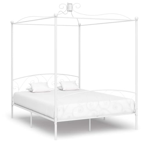 Himmelbett-Gestell Weiß Metall 180 x 200 cm, Robustes Schlafzimmer Möbel, Elegantes Bettrahmen für Zuhause, Langlebiges Plattformbett mit Lattenrost für erholsamen Schlaf von Ziaphsol