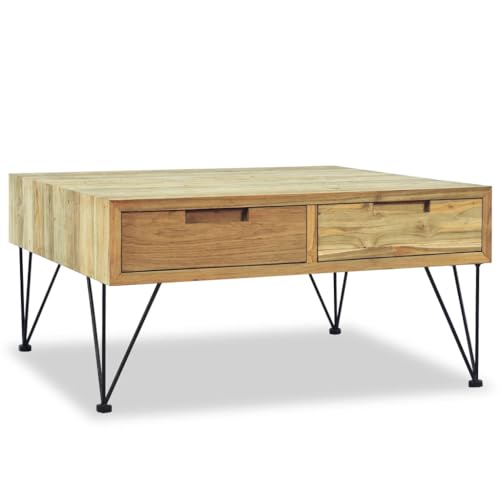 Ziaphsol Couchtisch 80x80x40 cm Massivholz Teak, recycelt, mit 2 Schubladen, für Wohnzimmer, robuster Wohnzimmertisch im Kolonialstil von Ziaphsol