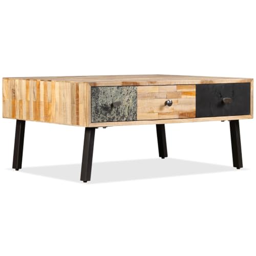 Ziaphsol Couchtisch aus recyceltem Massivholz Teak, 90x65x40 cm, mit 3 Schubladen, poliert, lackiert, für Wohnzimmer von Ziaphsol