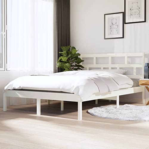 Ziaphsol Massivholzbett Weiß Kiefer 140x190 cm mit Kopfteil, Robustes Holzbettgestell für Schlafzimmer, stabiles Plattformbett in modernem Design von Ziaphsol
