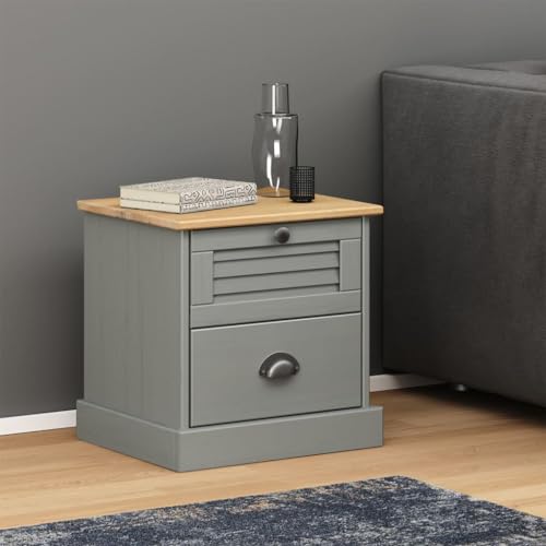 Ziaphsol Nachttisch VIGO Grau 42x35x42 cm, langlebiger Kiefer-Nachttisch mit 2 Schubladen für Schlafzimmer, praktischer Beistelltisch aus Massivholz, für Wohnzimmer von Ziaphsol
