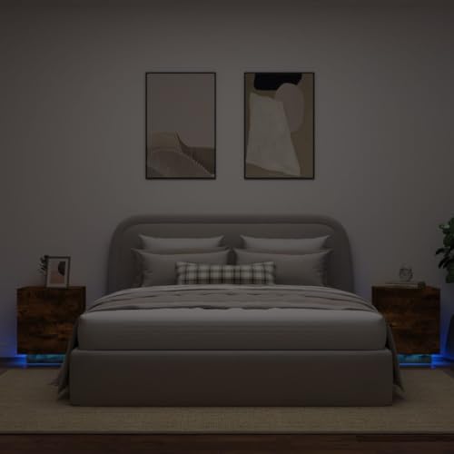 Ziaphsol Nachttisch mit LED-Leuchten, 2er-Set, Räuchereiche, Holzwerkstoff, für Schlafzimmer, Wohnzimmer, Beistelltisch, Bett, Ablage von Ziaphsol