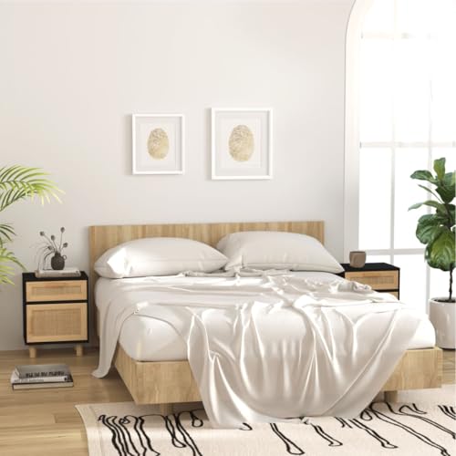Ziaphsol Nachttische 2er-Set, Schwarz, aus Holzwerkstoff und Natur-Rattan, mit Massivholz-Kiefernbeinen, ideal als Beistelltisch für Schlafzimmer von Ziaphsol