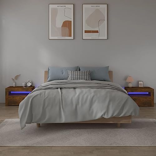 Ziaphsol Nachttische 2er Set mit RGB LED Beleuchtung, Räuchereiche Design, 60x35x40cm, praktischer Beistelltisch für Schlafzimmer und Wohnzimmer von Ziaphsol