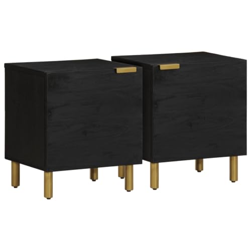 Ziaphsol Nachttische Schwarz 40x33x46 cm aus massivem Mangoholz, 2er-Set, mit Tür und Schublade, Robustes Ablagemöbel für Schlafzimmer, Wohnzimmer und Flur von Ziaphsol